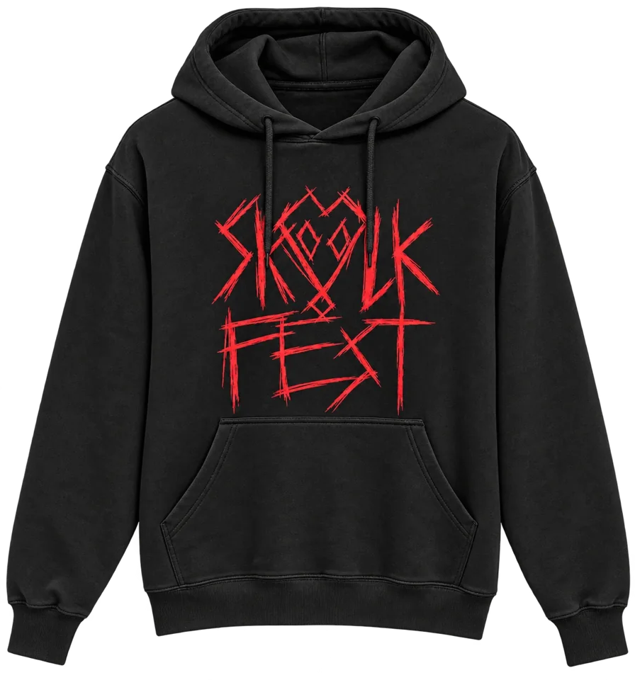 Black SKVLKFest pullover hoodie with the red scratch logo on the chest